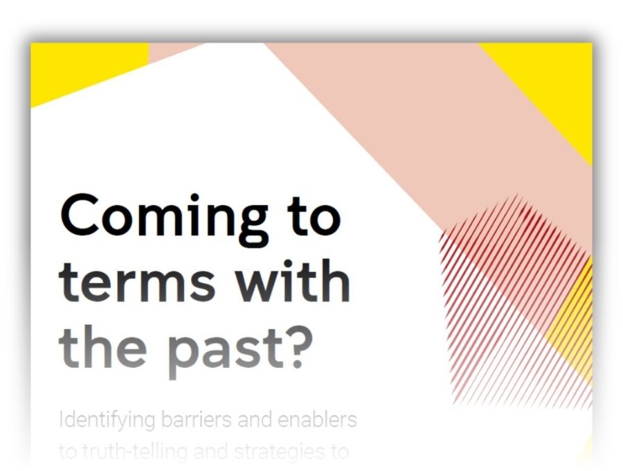 The top half of the front page of a document titled 'Coming to terms with the past?' The text 'Identifying barriers and enablers to truth-telling' is also visible.