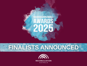 A purple tile with a splash and banner that highlights white text that reads: Narragunnawali Awards 2025. Finalists Announced.