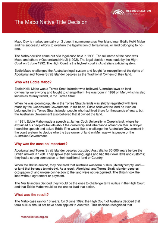 Image of the first page of the Mabo Native Title Decision pdf.