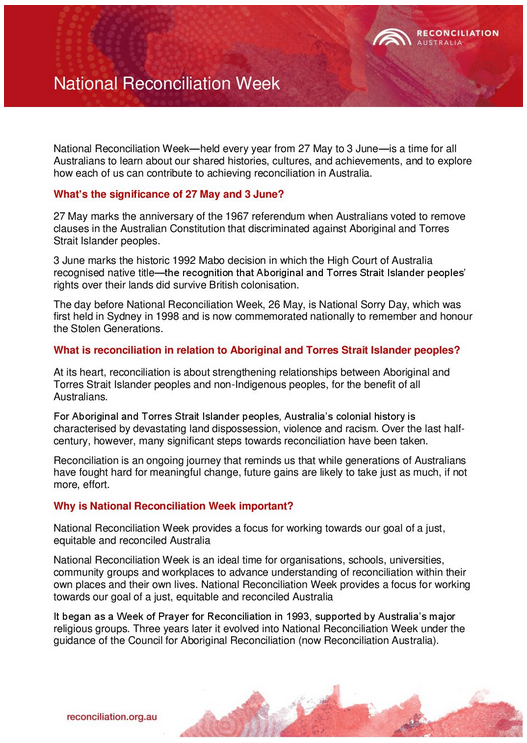 First page of the National Reconciliation Week factsheet pdf.