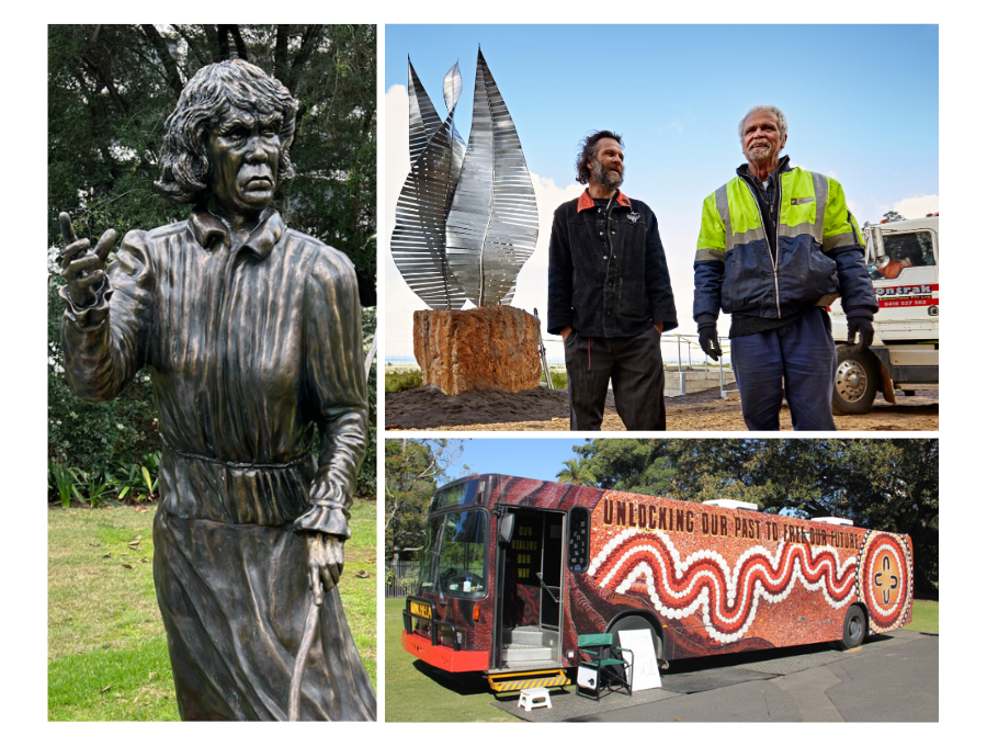 A composite of images from real-world truth-telling case studies: a statue of an old Aboriginal woman, two men standing in front of a new sculpture, and a bus decorated with Aboriginal artwork