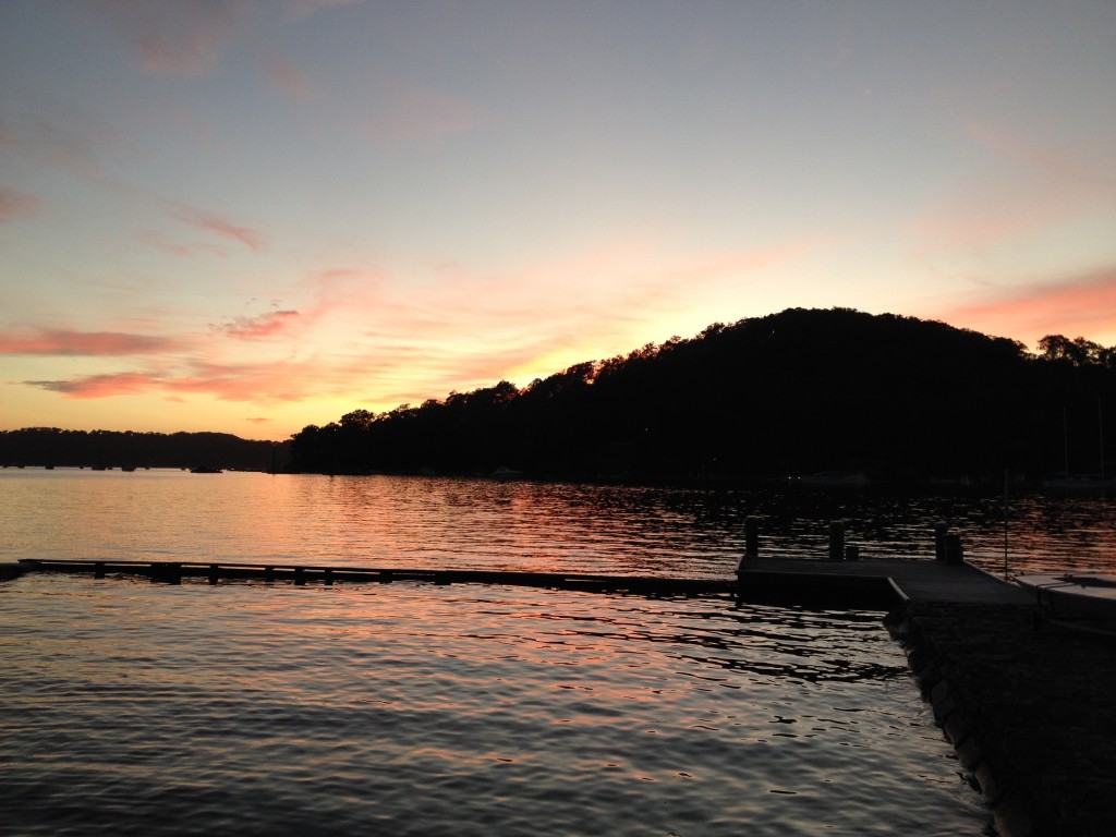 Sunrise on Rocky Point looking towards Scotland Island Pittwater NSW Summer 2014. This is our small wharf for catching local ferry to mainland.